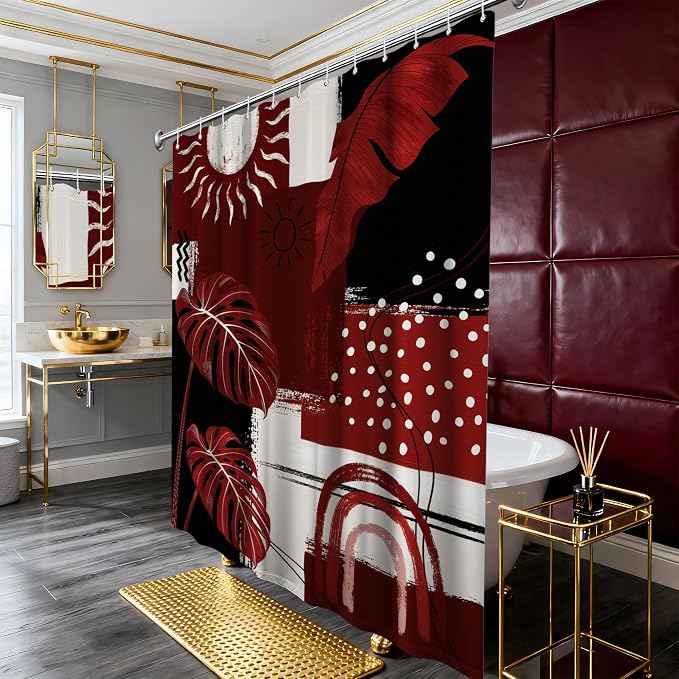 Small Stall Narrow Shower Curtain Black and Red Stand Up Burgundy Abstract Monstera Shower Curtains for Rv Camper Bathroom Decor Sets, Waterproof Cloth Fabric with Hooks, 36 x 72 Inch