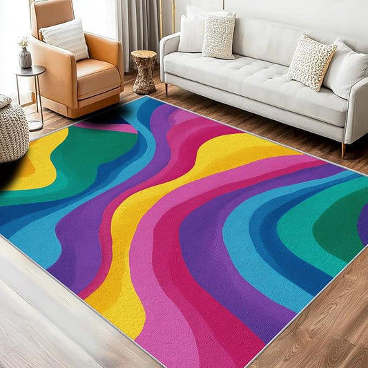 Rainbow Abstract Rugs 3x5, Colorful Retro 70s Washable 3 x 5 Area Rug for Living Room, Bedroom, Low Pile Non Slip Stain Resistant Carpet, Abstract Home Decor Accessories & M884