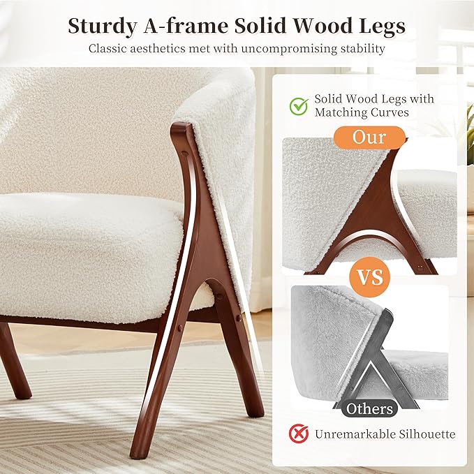 Merax Mid-Century Modern Accent Chair with Solid Wood A-Frame & Wrap-Around Backrest, High-Density Foam Cushion & Rounded Edges for Living Room, Reading Nook, Lounge Area (Beige+Walnut)