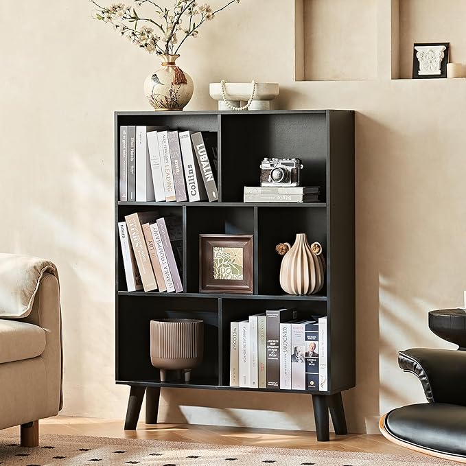 LEYAOYAO 7 Cube Black Bookshelf, 3 Tier Modern Bookcase with Legs, Wood Cubeicals Organizer Storage Open Shelves, Retro Display Book Shelf, Freestanding Short Book case for Bedroom,Living Room,Office