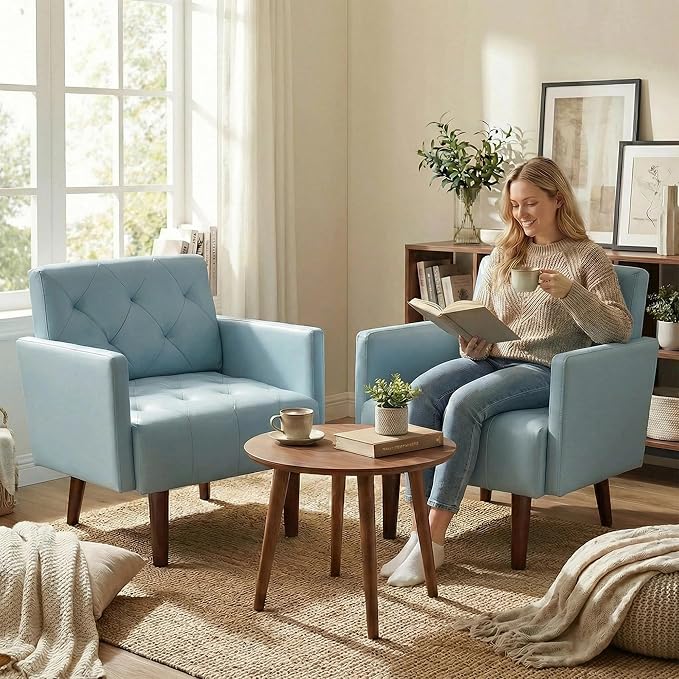 Faux Leather Accent Chair Modern PU Armchair, Retro Tufted Upholstered Arm Chair, Comfy Leather Club Chair Single Sofa for Living Room, Bedroom, Reading Room, Apartment (Blue)