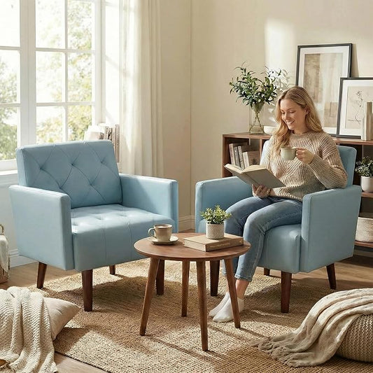 Faux Leather Accent Chair Modern PU Armchair, Retro Tufted Upholstered Arm Chair, Comfy Leather Club Chair Single Sofa for Living Room, Bedroom, Reading Room, Apartment (Blue)