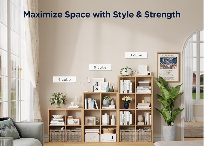 8 Cube Storage Organizer, Cube Shelf with Heavy-Duty Thick Boards, 25.12" L x 9.37" W x 48.74" H, Smooth Easy-Clean Panels, Simple Assembly, for Living Room Bedroom Office, Natural-Oak