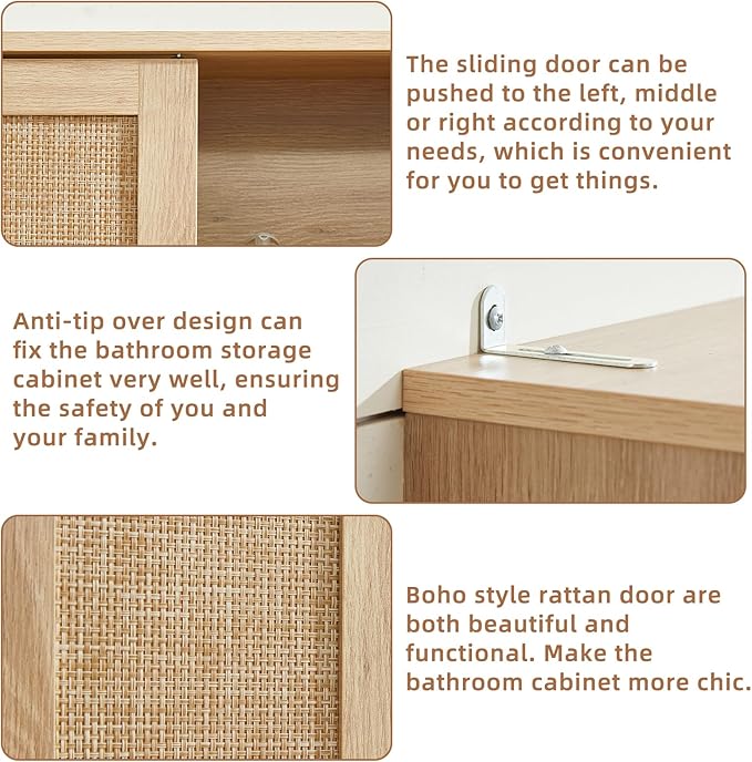 LEYAOYAO Over The Toilet Storage Cabinet with Rattan Sliding Door, 68" Tall Wood Above Toilet Bathroom Organizer w/Adjustable Shelf & Curved Profile, Space Saver Freestanding Washer Shelf, Natural