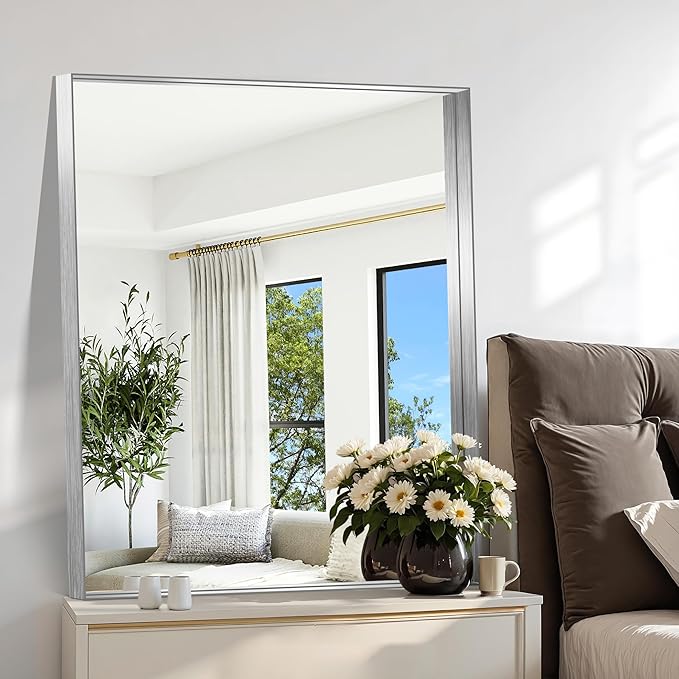 CIRCUMI Silver Bathroom Mirror, 30"x36" Rectangular Mirror with Deep Metal Frame, Brushed Finish, Tempered Glass, Mirror for Wall, Oversink, Bedroom, Installed Vertically/Horizontally, Crystal-Clear