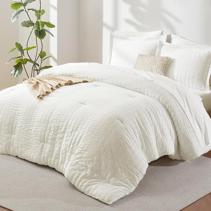 CozyLux California King Comforter Set with Sheets 7 Pieces Ivory Seersucker Bed in a Bag, Cal King Luxury All Season Bedding Set with Down Alternative Comforter, Sheets, Pillowcases & Shams, Home Gift