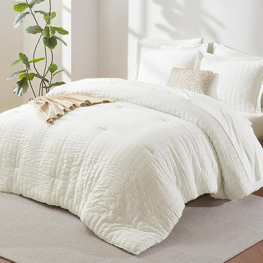 CozyLux California King Comforter Set with Sheets 7 Pieces Ivory Seersucker Bed in a Bag, Cal King Luxury All Season Bedding Set with Down Alternative Comforter, Sheets, Pillowcases & Shams, Home Gift