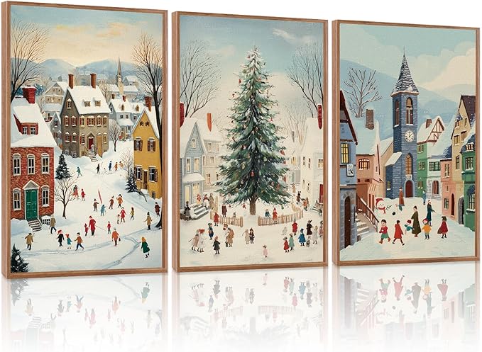 HLNIUC Christmas House Snowy Scene Framed Wall Art,Christmas Pine Trees Landscape Wall Decor,Modern Xmas Snow Scene Canvas Painting,Vintage Winter Festive Art Print for Living Room Bedroom-16 x24 x3