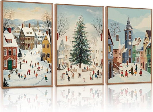 HLNIUC Christmas House Snowy Scene Framed Wall Art,Christmas Pine Trees Landscape Wall Decor,Modern Xmas Snow Scene Canvas Painting,Vintage Winter Festive Art Print for Living Room Bedroom-16 x24 x3