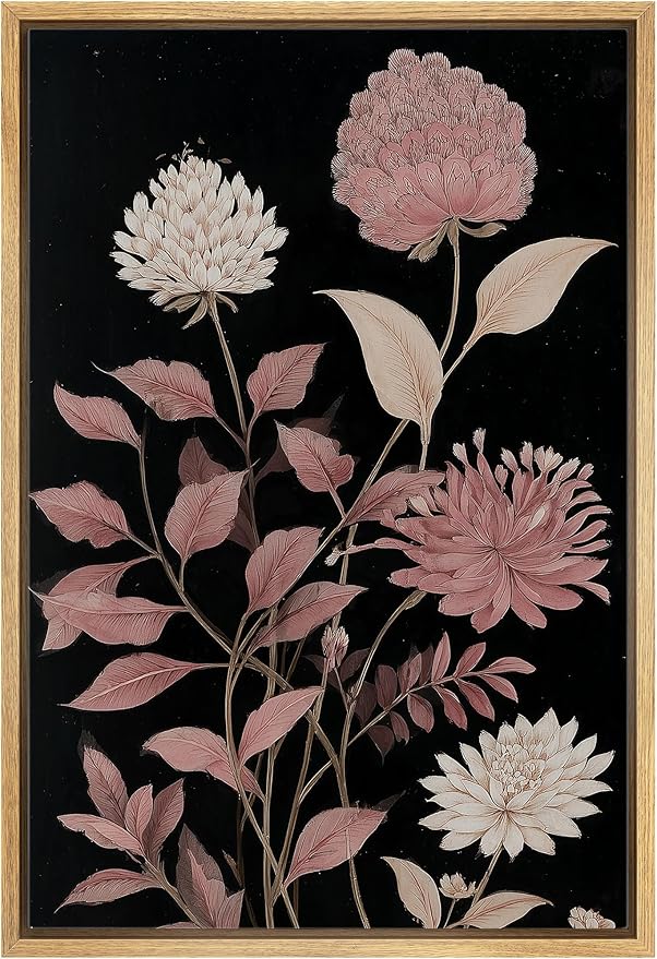 Woodrose Framed Canvas Print Wall Art Soft Pink Floral Arrangement Vintage Style Botanical Illustrations Modern Art Minimalist 3D Colorful Ultra for Living Room, Bedroom, Office - 16"x24" NATURAL