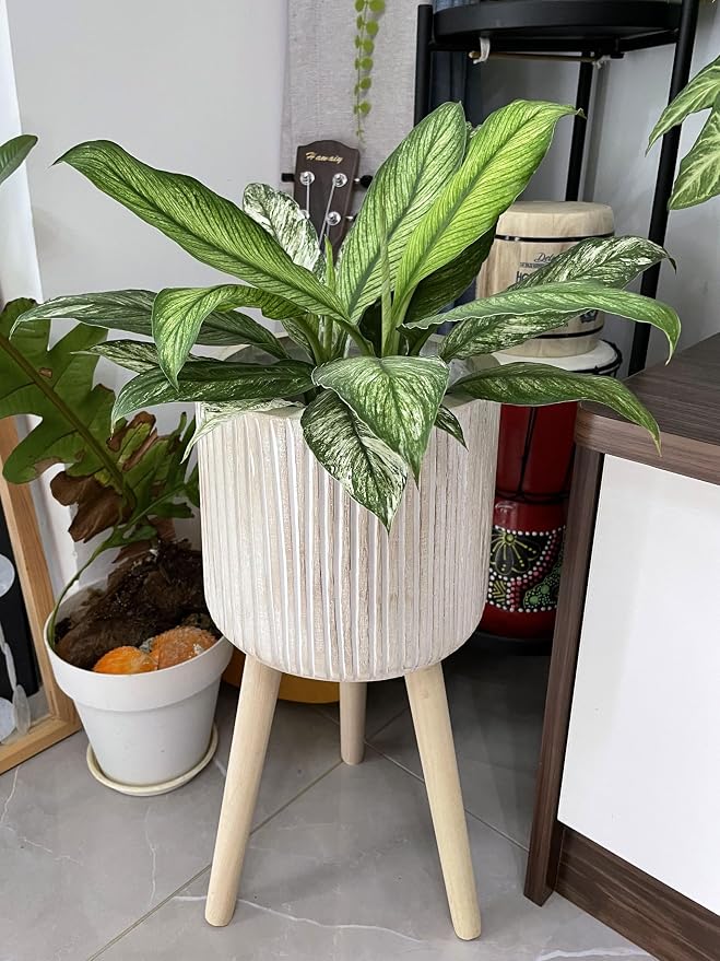 RISEON Handmade Mid Century Modern Wood Planter, Rustic Indoor Flower Pot Plant Stand,Large Floor Planter (Large B)