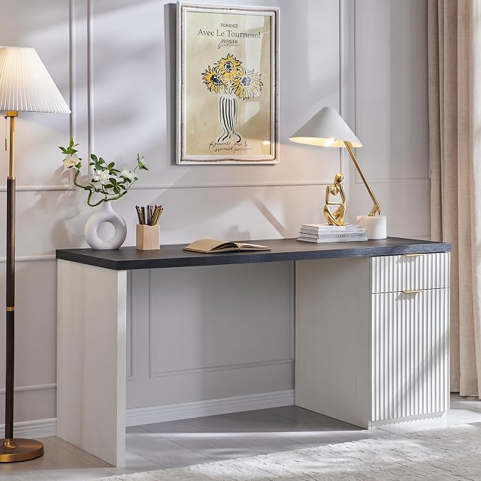 JXQTLINGMU 60" Modern Executive Desk with Storage, Wood Home Office Desk with Drawer & Cabinet, Fluted Computer Writing Desk for Study, Living Room, Bedroom, Antique White