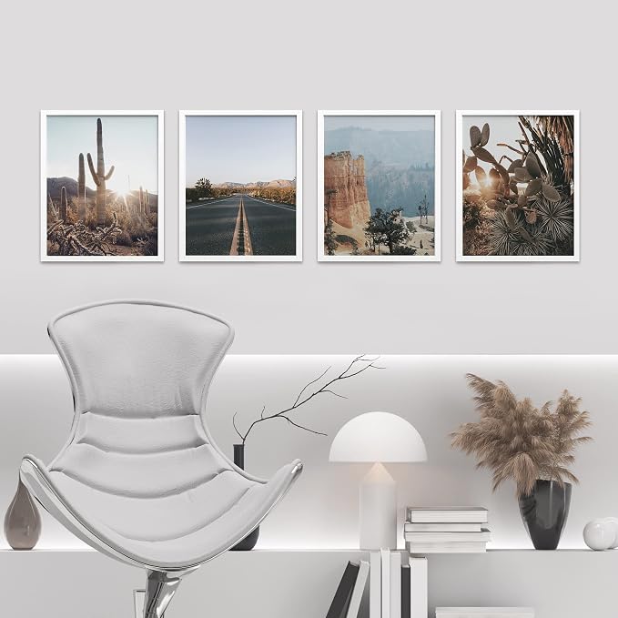 SIGNWIN Framed Cactus Desert Landscape Wall Art, Set of 4 Southwest Texas Arizona Saguaro Wall Decor Prints, Nature Wilderness Wall Décor for Living Room, Bedroom - 8"x10"x 4 White