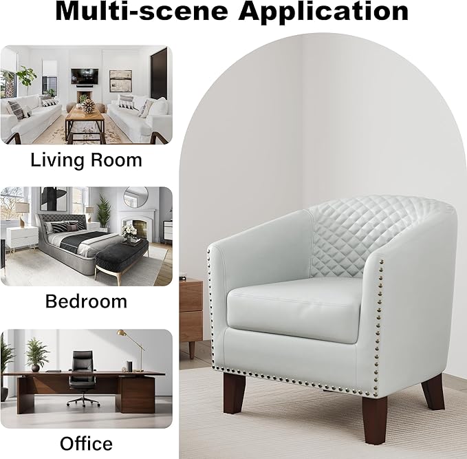 Accent Barrel Chair, Upholstered Faux Leather Club Chair with Nailed Trim, Comfy Reading Armchair for Living Room Bedroom Reception Room Office (White, Set of 2)