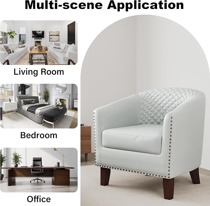 Accent Barrel Chair, Upholstered Faux Leather Club Chair with Nailed Trim, Comfy Reading Armchair for Living Room Bedroom Reception Room Office (White, Set of 2)