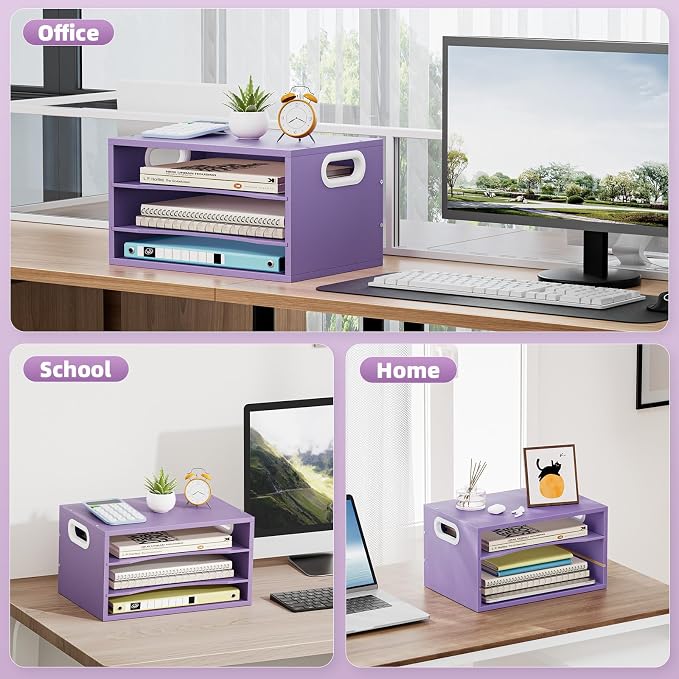 Marbrasse 3 Tier Wood Desk Organizer, Paper Letter Tray Organizer for Desk，Wooden Desktop File Organizer with Handle and Paper Sorter Mail Holder for Office School & Home Supplies Organization-Purple
