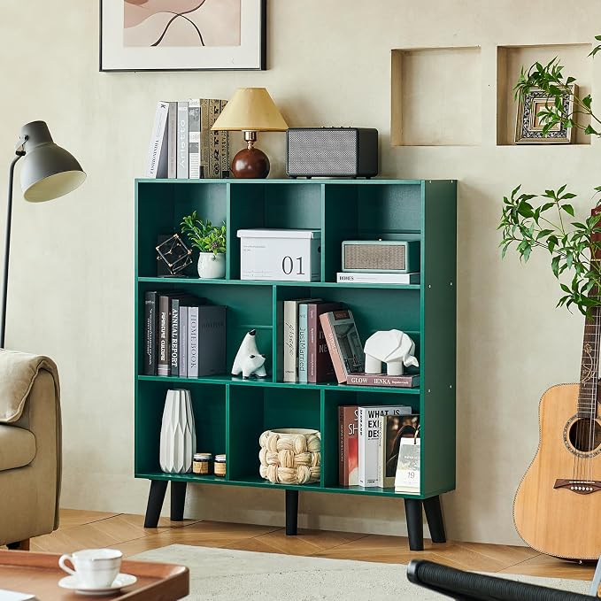 LEYAOYAO 8 Cube Bookshelf,3 Tier Bookcase with Legs,Dark Green Mid-Century Modern Bookshelves,Large Open Storage Organizer Shelf, Wooden Book Case