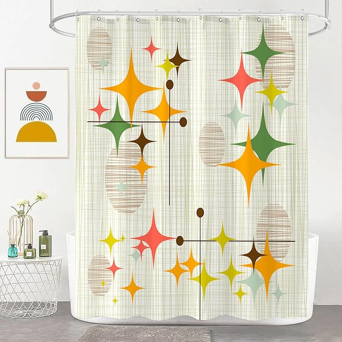 Long Mid Century Modern Shower Curtain Retro Stars Shower Curtains for Bathroom Abstract Vintage Boho Art Waterproof Fabric Bath Curtain Decor (Yellow1, 72'' x 78'')