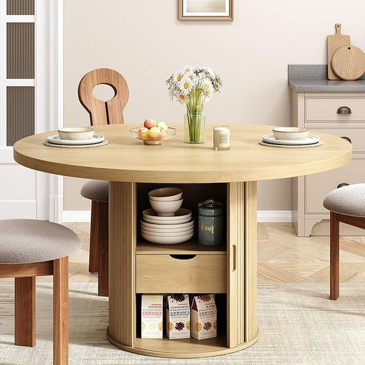 47 inch Round Dining Table for 4, Circle Kitchen Table with 2-Layer Storage Shelf and a Drawer, Modern Farmhouse Dinner Tables with Sliding Door and Wood Strip Base for Kitchen, Living Room (Oak)