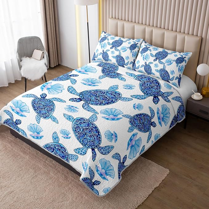 AILONEN Watercolor Sea Turtle Quilt Set Full Size,Beautiful Pearl Shells Bedspread Coverlet - Soft Lightweight 3Pcs - Sea Creatures Print Quilt,2 Pillowcases