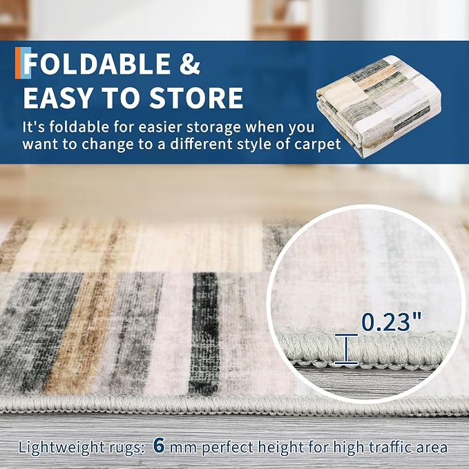 Washable Runner Rugs 2x6 Rug Runner Modern Non Slip Kitchen Rugs Indoor Entryway Rug Farmhouse Soft Bath Mat Stain Resistant Carpet for Bedroom Hallway Laundry 2'x6' Khaki&Grey