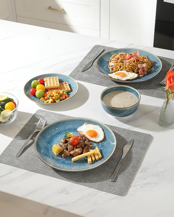 Sweejar Dinnerware Sets Service for 4, 12 pcs Porcelain Plates and Bowls for Kitchen, Housewaring Gift, Chip and Scratch Resistant Dish Set, Handmade Dishwasher and Microwave Safe Plate Set, Blue