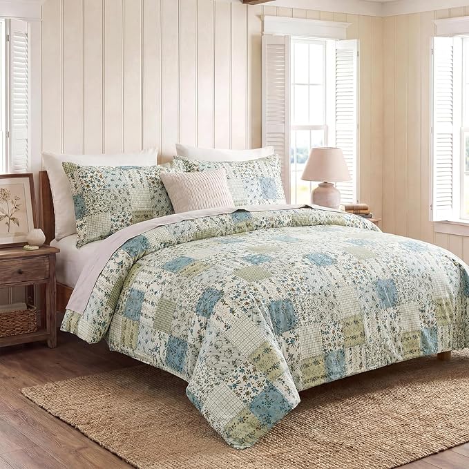 Blue Floral Duvet Cover Set Queen Size 100% Cotton Botanical Patchwork Vintage Bedding Quilt Cover All Season 3 Pieces Soft Lightweight Comforter Cover