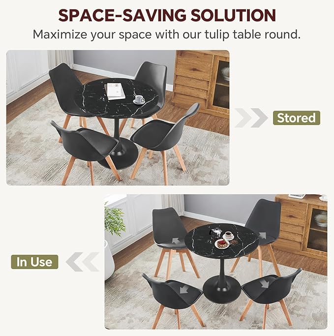 Round Dining Table 31.5" Faux Marble Black Tulip Table with Pedestal Base for 2-4 People Small Space - Kitchen Living Room Cafe