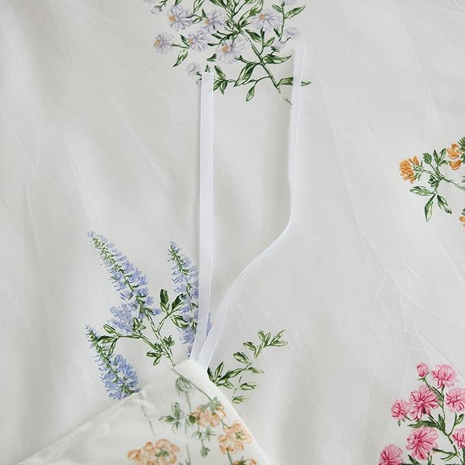 100% Washed Cotton Duvet Cover Queen Size - Linen Like Reversible Durable Soft Floral Duvet Cover Sets, 3 Pieces White Comforter Cover with Zipper Closure