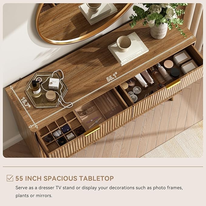 CARPETNAL Fluted Dresser and Nightstand Sets for Bedroom, 3 Pcs Bedroom Set, 8-Drawer Dresser & 2-Drawer Nightstand Set of 2, Modern Wood Chest of Drawers for Living Room, Entryway, Walnut