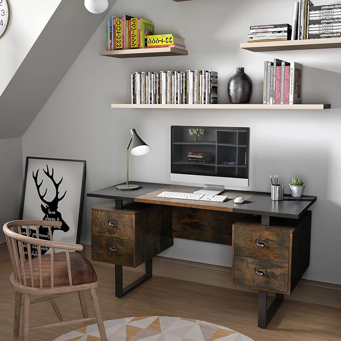 Computer Desk with Drawers 59" L Contemporary Home Office Laptop Desk with Floating Desktop and 4 Storage Drawers Vintage Study Gaming Table with Metal Frame Black & Rustic Brown CTSZ20401CM