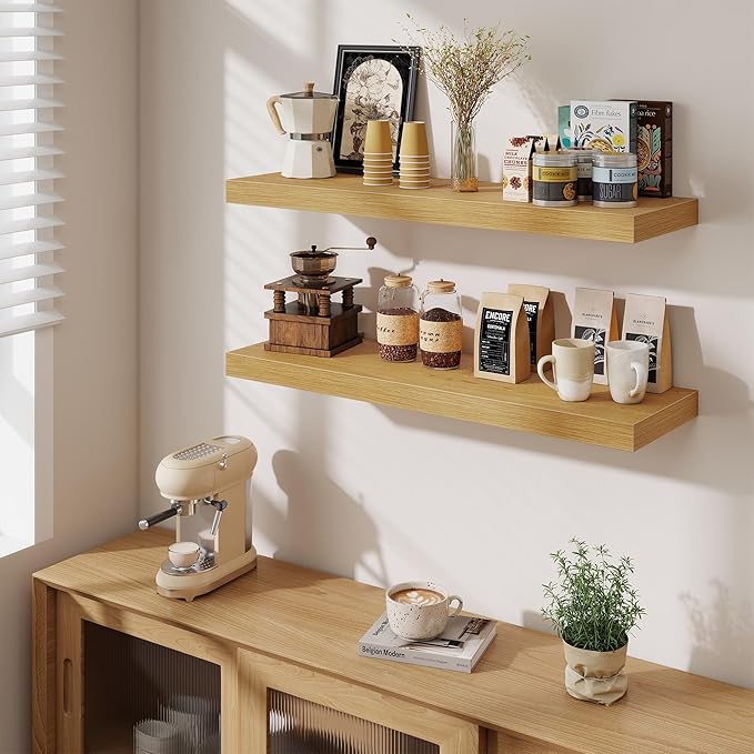 Fun Memories Floating Shelves for Wall 36 Inches, Wood Shelves with Invisible Bracket, 10" Deep Shelves Wall Mounted, Large Wood Floating Shelves for Living Room Bathroom, Oak, Set of 2