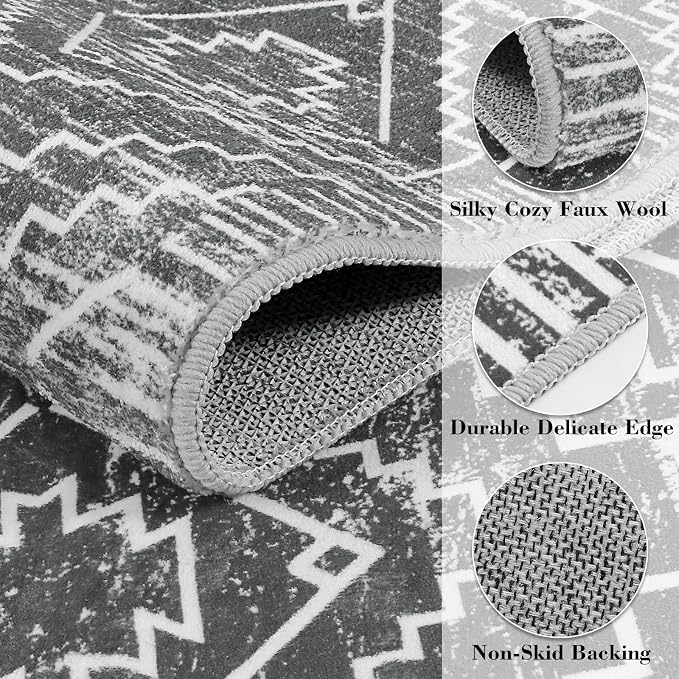 Wonnitar Moroccan 4x6 Area Rug, Washable Dark Gray Living Room Rug, Non-Slip Boho Rug for Bedroom, Farmhouse Non-Shedding Soft Indoor Carpet for Kitchen Entryway Mud Room (Dark Grey,4'x6')