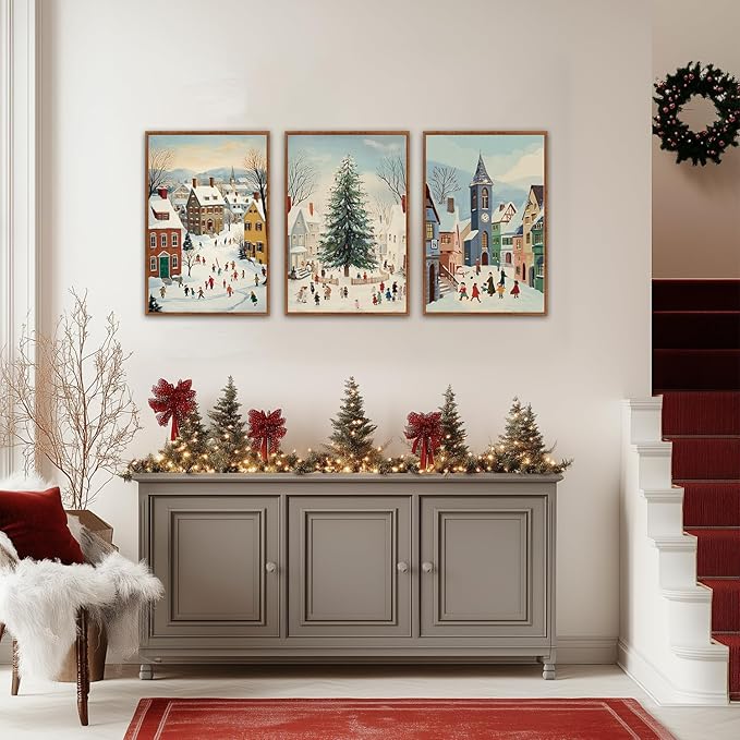 HLNIUC Christmas House Snowy Scene Framed Wall Art,Christmas Pine Trees Landscape Wall Decor,Modern Xmas Snow Scene Canvas Painting,Vintage Winter Festive Art Print for Living Room Bedroom-16 x24 x3