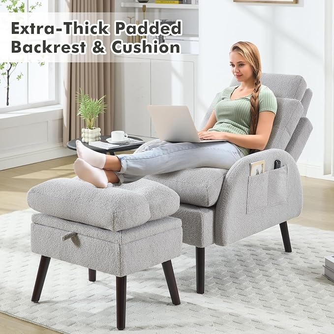 HCHAIRH Accent Chair with Ottoman Set, Comfy Teddy Reading Chair and Ottoman, Modern Oversized Lounge Armchair with Adjustable Backrest for Living Room Bedroom, Light Grey