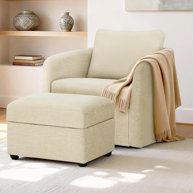 Swivel Accent Chair with Storage Ottoman, Upholstered Barrel Chair with Washable Slipcover for Living Room Bedroom Reading Waitingroom,2 Box,Sand