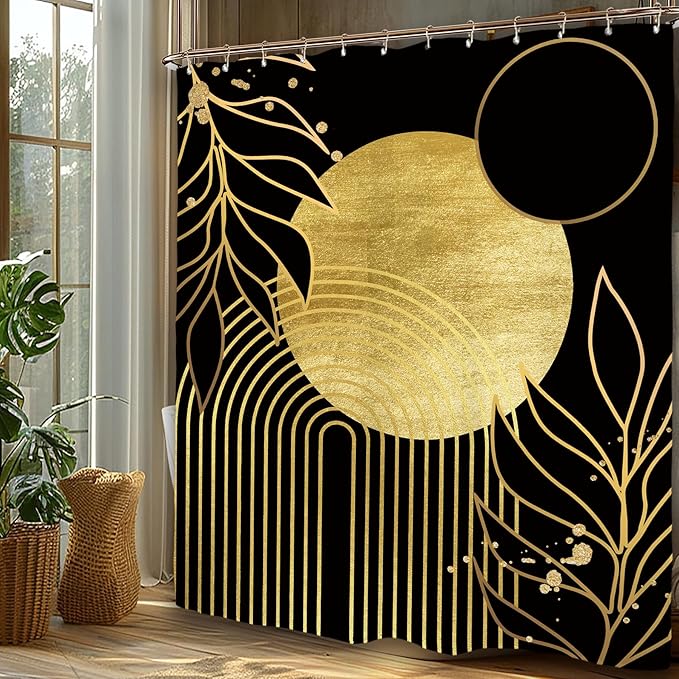 Miyotaa Abstract Black Gold Shower Curtain Set 60Wx71H Inches Minimalist Aesthetic Modern Contemporary Plant Leaves Neutral Polyester Waterproof Cloth Bathroom Curtain with 12 Hooks
