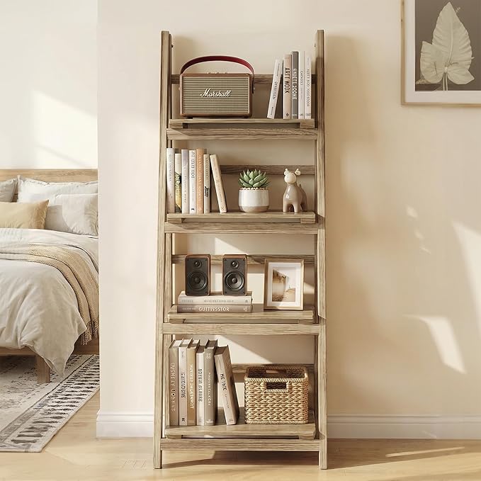 Ladder Shelves - Folding Wooden Ladder Bookshelf, 4-Tier Retro Plant Stand Storage Shelves for Home Living Room, Light Brown