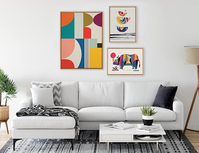 Kate and Laurel Sylvie Mid Century Modern Pattern Framed Canvas Wall Art by Rachel Lee of My Dream Wall, 28x38 Natural, Colorful Abstract Art Print for Wall