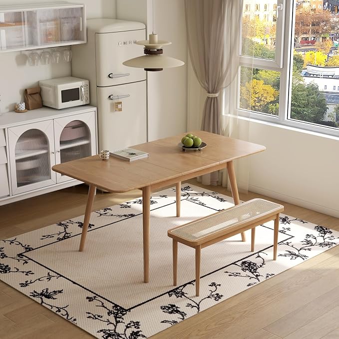 47’’-63’’ 100% Oak Extendable Dining Table and Bench Set for 2, Solid Wood Folding Kitchen Table, Mid Century Modern Dinner Table for Kitchen, Living Room, Natural (47''-63''+39''Rattan Bench)