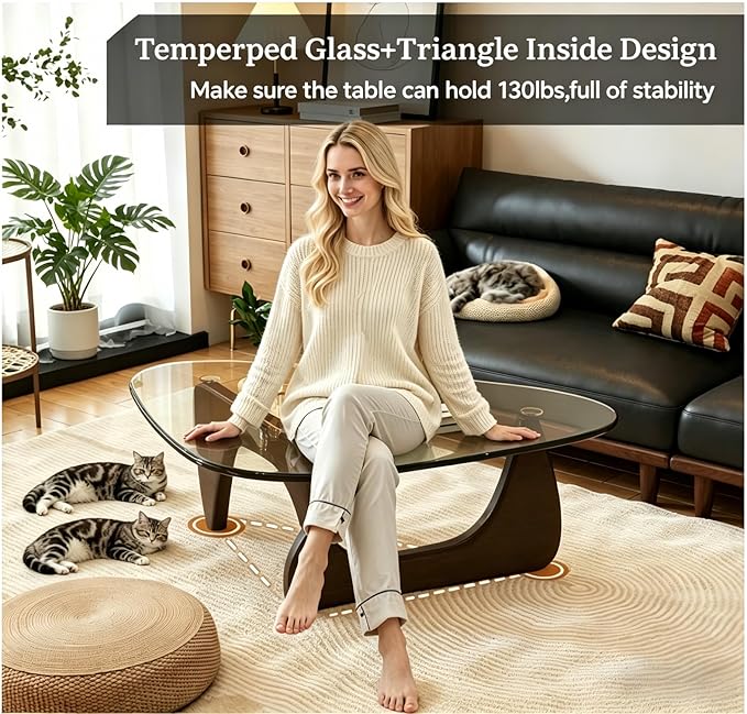 Modern Glass Coffee Table for Living Room, Small mid Century Coffee Table, Stylish Coffee Tables Suitable for Bedroom Living Room Reception Office Tables (Walunt+Brown, Small 32.6in)