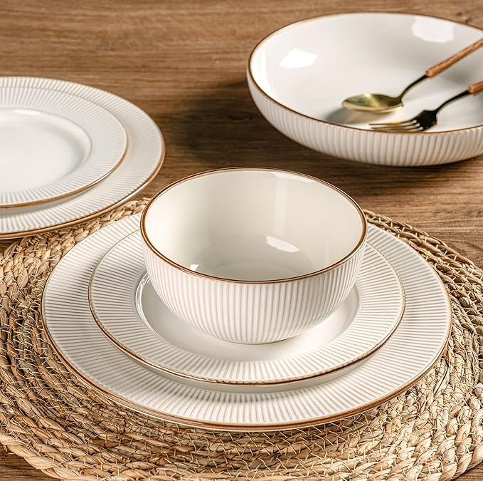GBHOME Ceramic Dinnerware Sets,12 pcs Embossed Elegant Stoneware Plates and Bowls Sets, Housewarming Wedding Gift | Dishwasher & Microwave Safe | Dishes Set Service for 4