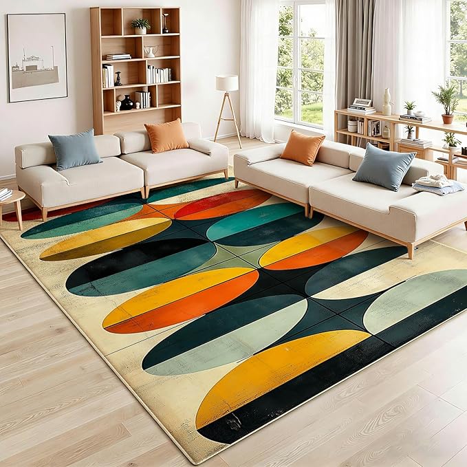 10x12 Geometric Rug, Mid Century Modern Rug for Living Room, Colorful Geometric Rugs, Mid Century Rugs, Abstract Carpet, Non-Slip Washable Carpet, Abstract Bedroom Kitchen