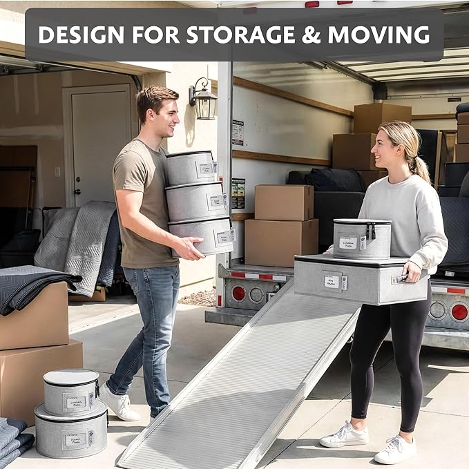 China Storage Hard Shell Containers 5-Piece Set Moving Boxes for Dinnerware, Glasses, Plates, Mugs and Saucers Sturdy Dish Organizer with Dividers for Seasonal Storage - Service for 12 - Gray
