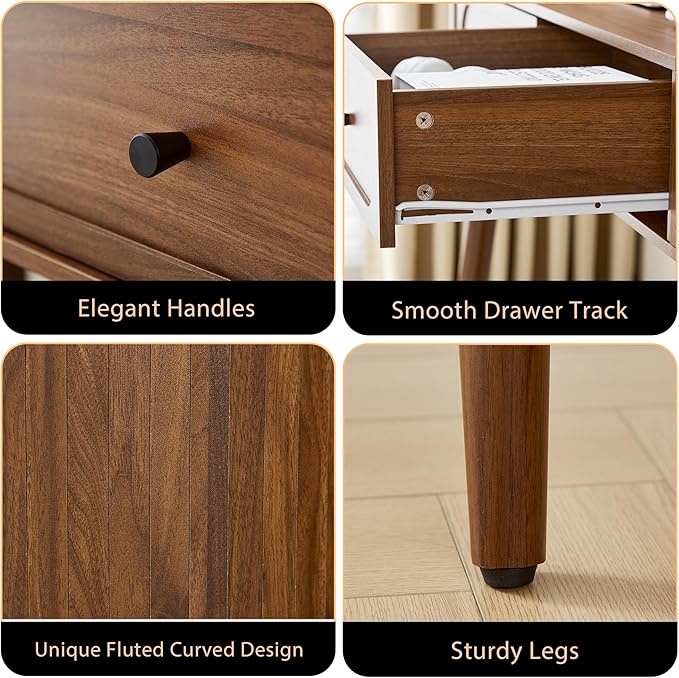 Mid-Century 59" Wood Writing Desk, Home Office Computer Laptop Desk with 2 Flip Storage Space + 2 Drawer, 150 CM Elegant Fluted Vanity Table Multifunctional Study Desk for Office, Bedroom (Wlanut)