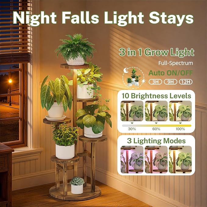 iDavosic.ly 5 Tier Plant Stand Indoor with Grow Light, Tiered Corner Wood Multiple Flower Holder Shelf, Tall Orchid Display Rack for Living Room Bedroom, Brown