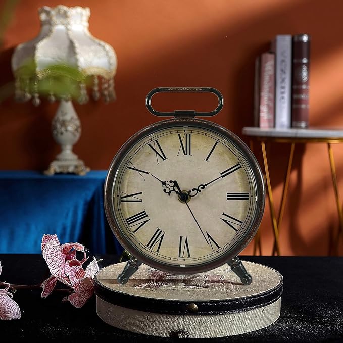 Vintage Desk Clock, 8 Inches Silent Non-Ticking Battery Operated Metal Table Top Clock for Bedroom, Living Room, Office, Shelf Decor (Brown)