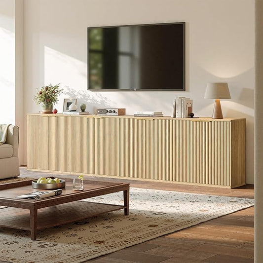 Evermagin 126" Oak Buffet Cabinet with Storage, Large Sideboard Cabinet, Boho Fluted Accent Credenza for Dining Room, Kitchen, and Living Room