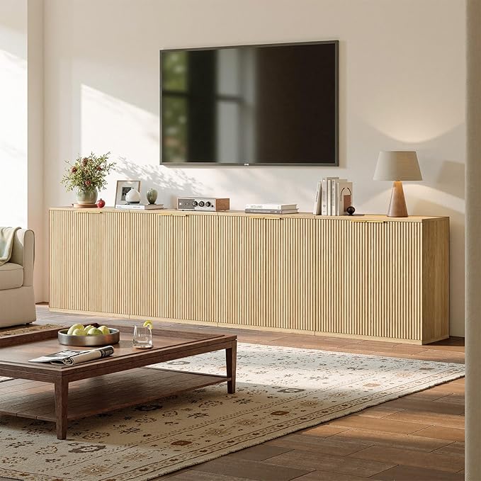 Evermagin 63" Oak Buffet Cabinet with Storage, Large Sideboard Cabinet, Boho Fluted Accent Credenza for Dining Room, Kitchen, and Living Room