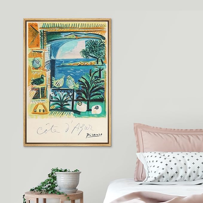SIGNLEADER Framed Canvas Print Wall Art French Riviera by Pablo Picasso Classic Vintage Illustrations Fine Art Decorative Retro Multicolor Boho for Living Room, Bedroom, Office - 24"x36" Natural